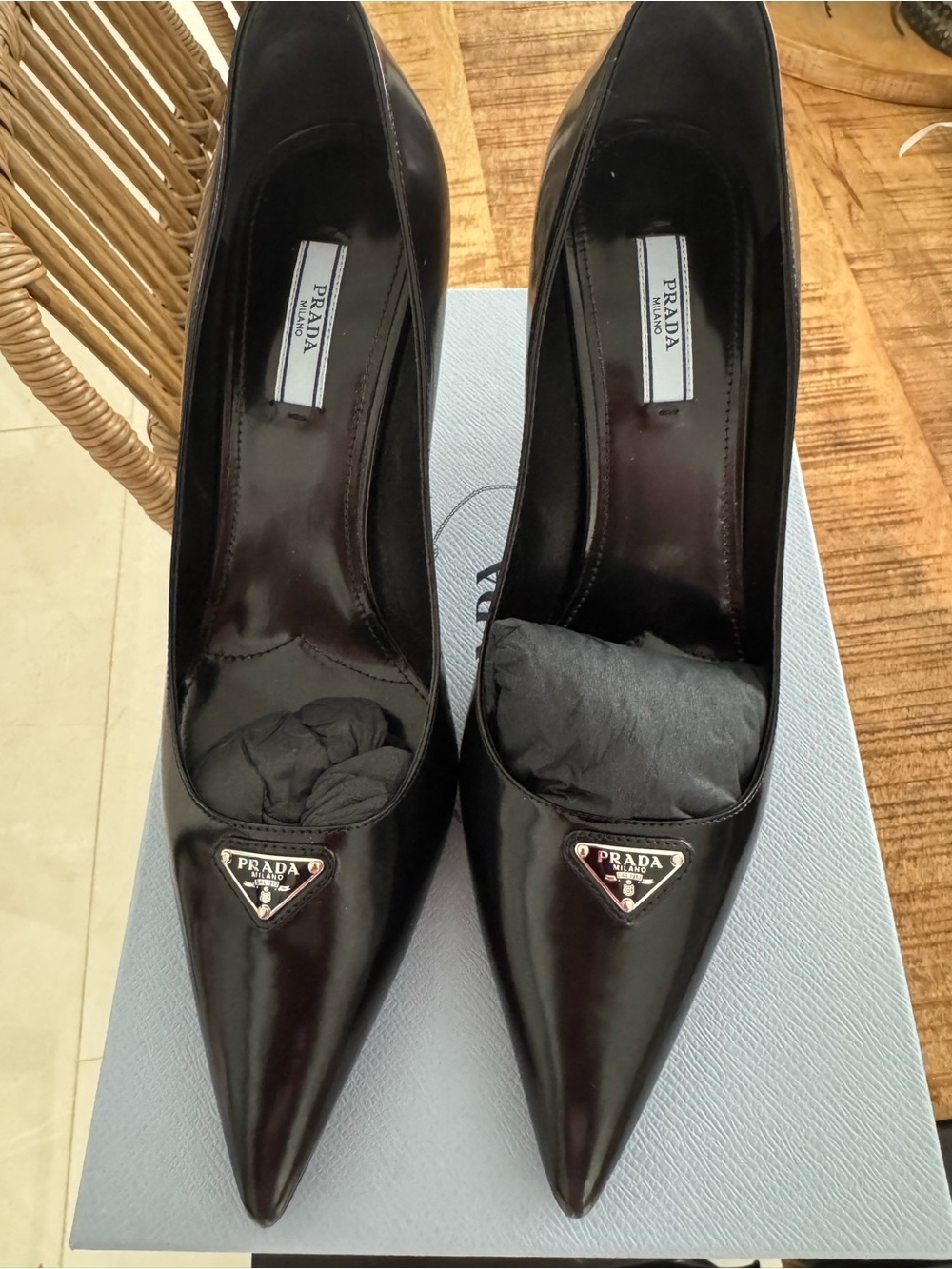 Prada Black Patent Pointed-Toe Pumps with Triangle Logo